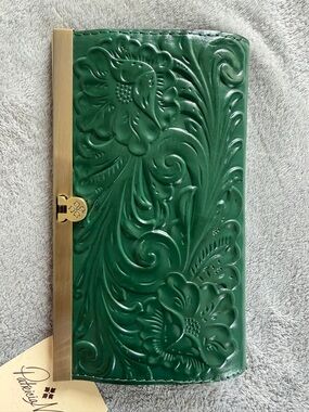 Patricia Nash Dark Green Embossed Leather Clutch with Gold Frame